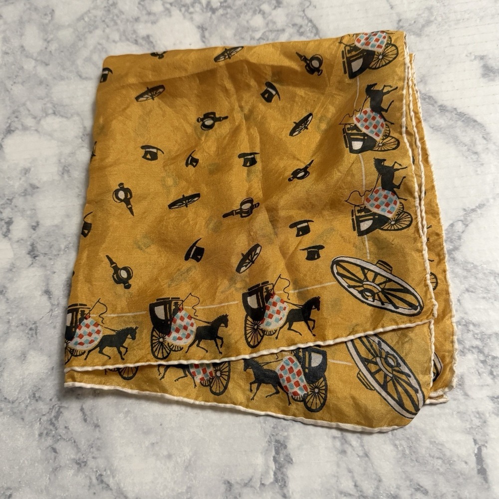 Horse Carriage Yellow Rolled Edges Hand Stitched  17" Square Scarf, 1950s, MCM
